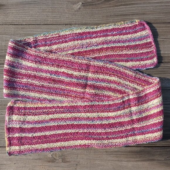 Women's Alpaca Wool Scarf Handmade Knit Pink Candy Swirl Yellow Striped - Picture 6 of 10